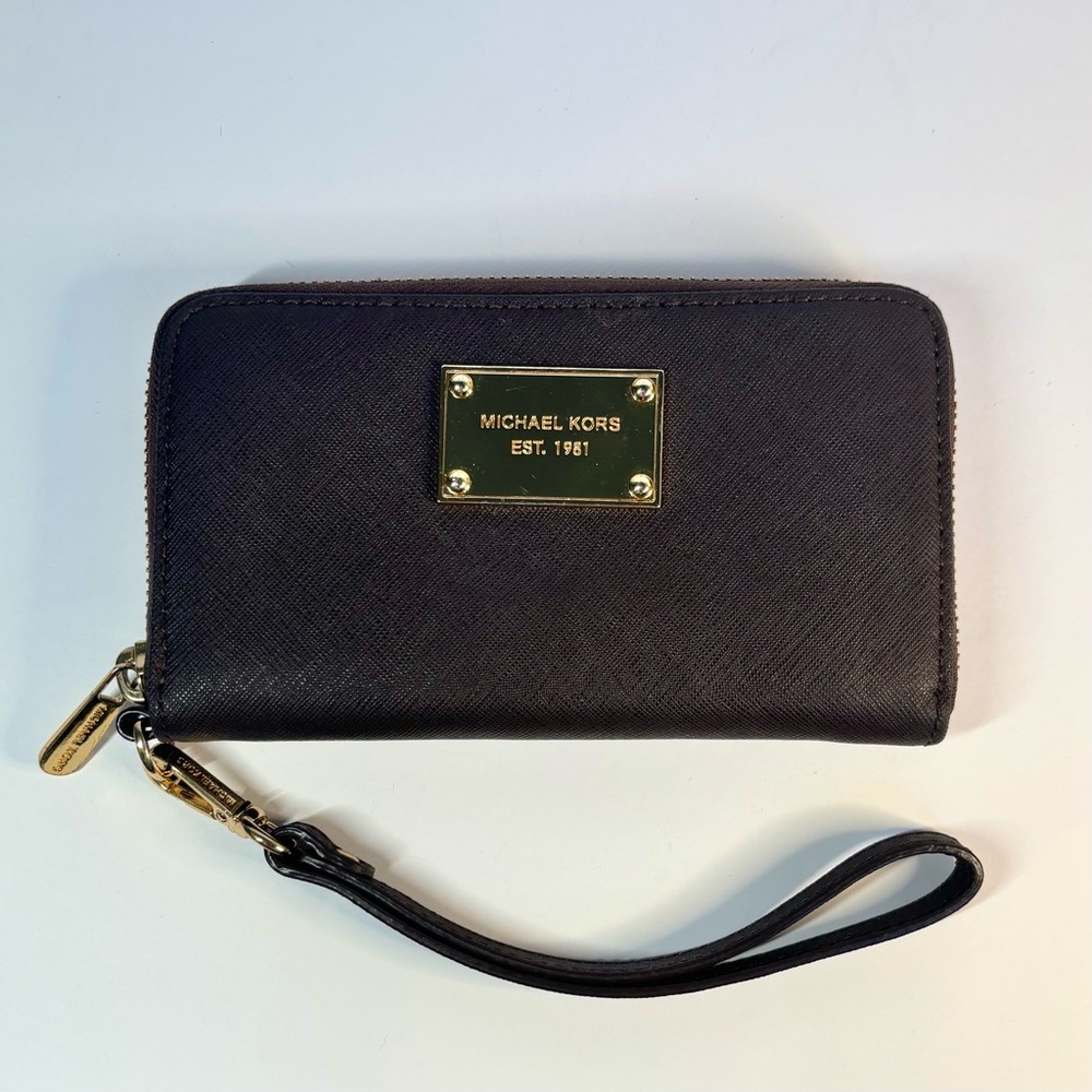 Michael Kors dark brown saffiano leather long zippy wallet (gold-tone hardware)
